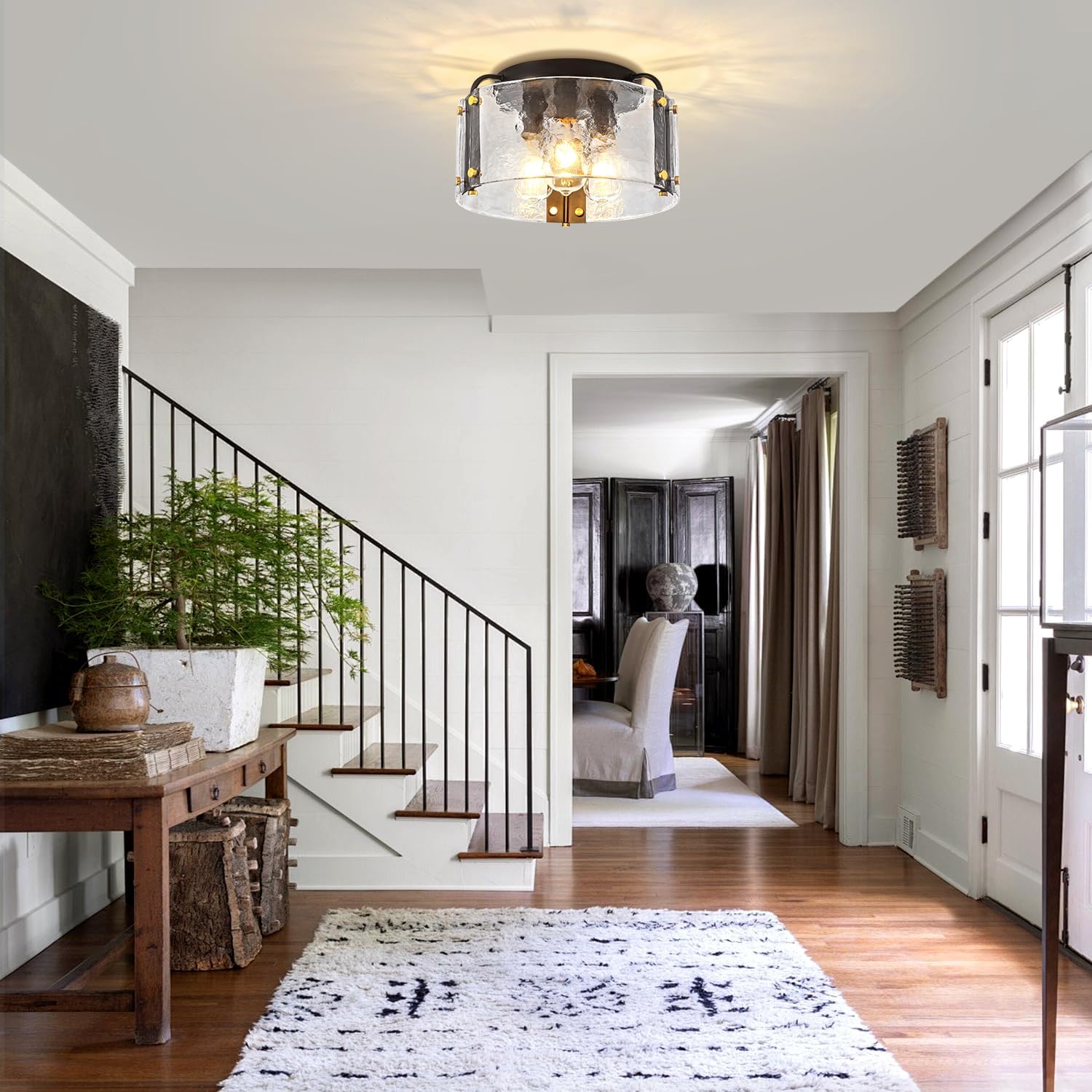 TOULMJ 15'' Black Semi Flush Mount Ceiling Light, 3-Light Modern Entryway Light Fixtures Hammered Glass Kitchen Lighting Fixtures Hallway Ceiling Lights for Bathroom Bedroom Foyer Laundry Dining Room