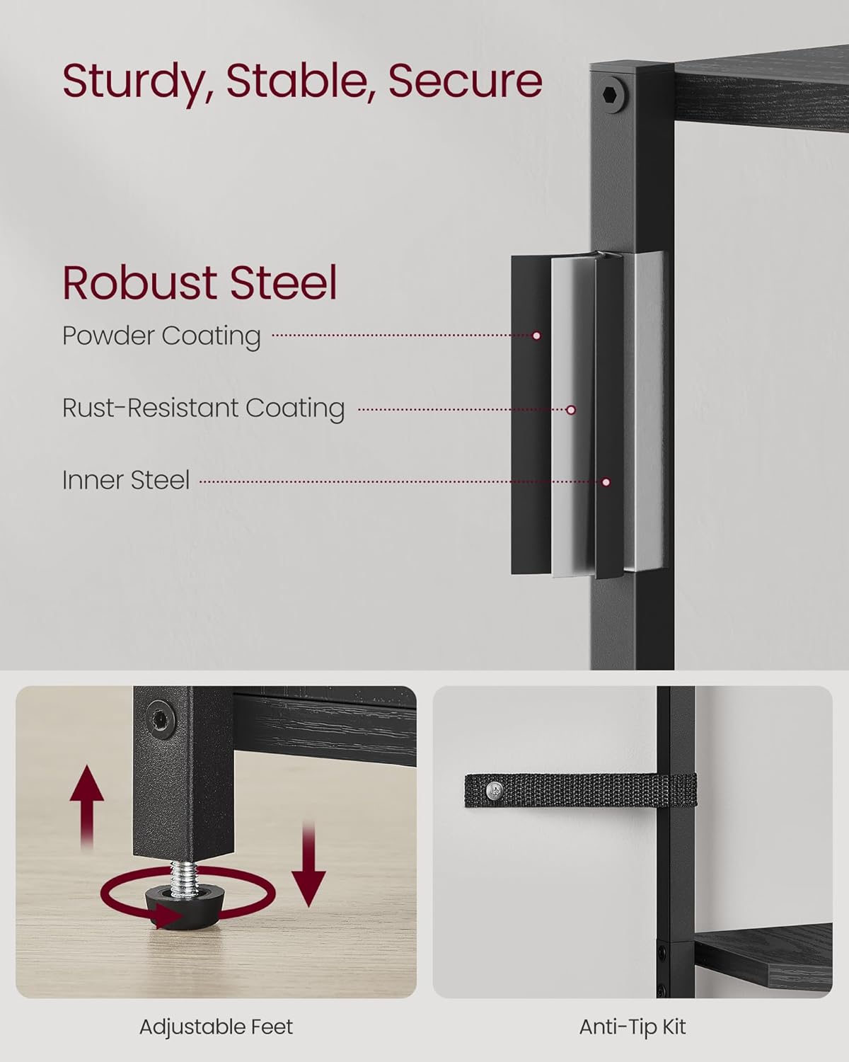 Close-up of the corner shelf's construction, highlighting robust steel frame, adjustable feet, and the anti-tip kit.
