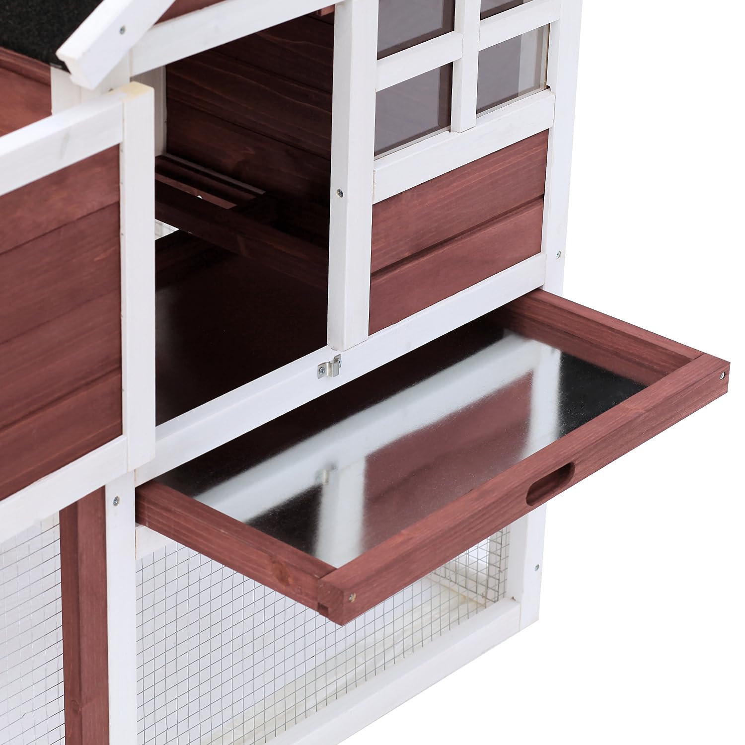 PawHut Conejera de Madera de 2 Niveles Jaula para Conejos con Zona Abierta Techo Asfáltico Bandeja Extraíble y Rampa Conejera para Exterior 123,5x62,6x92,5 cm Marrón