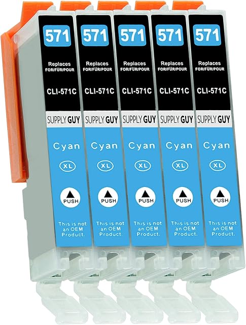 5 Ink cartridges with chip compatible with Canon CLI-571 Cyan for Canon Pixma MG5750 MG5751 MG6850 MG7750 TS5050 TS5055 TS6050 TS8050 TS9050 TS9055 and more (see product page)