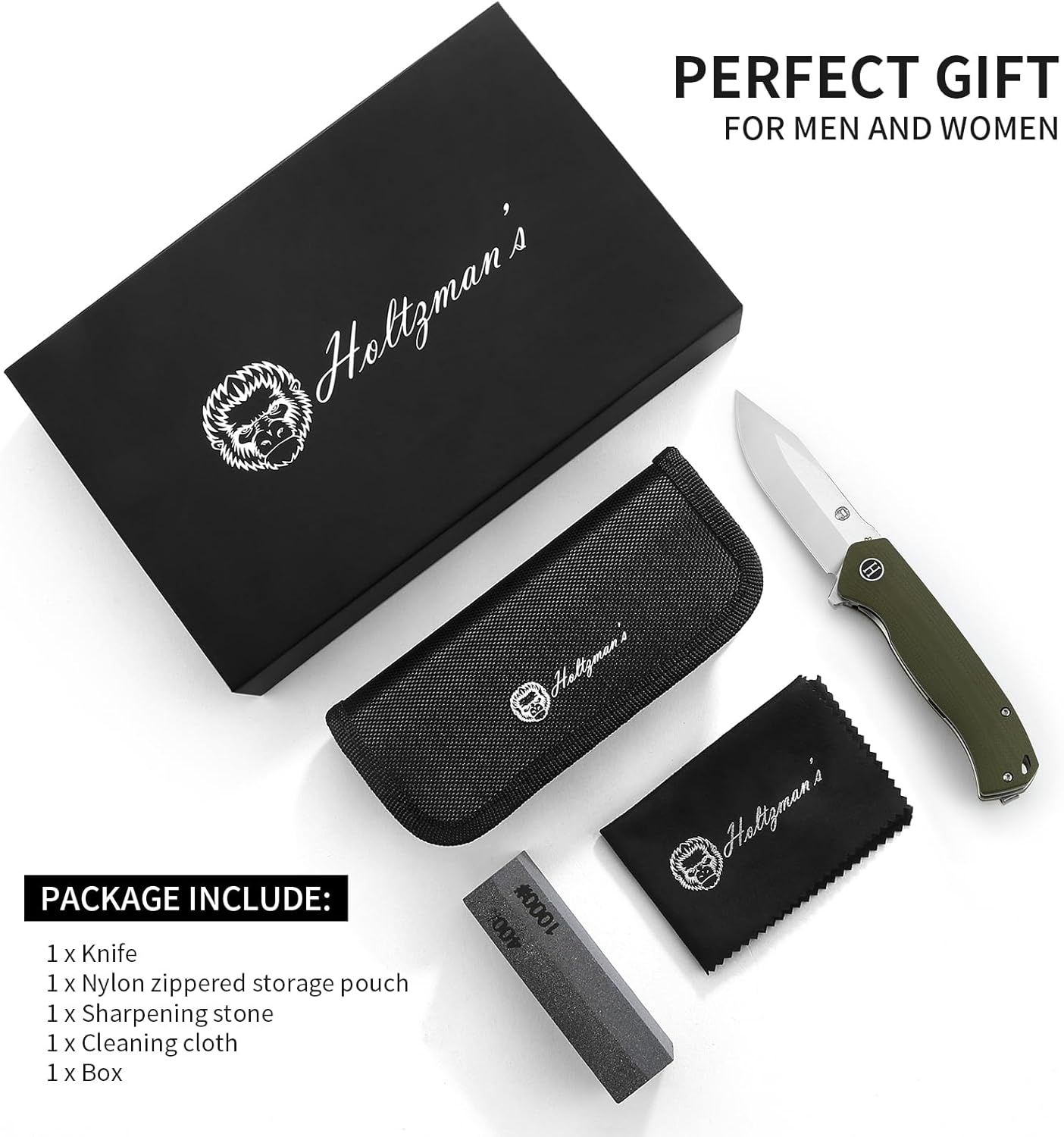 Holtzman's Gorilla Survival Folding Pocket Knife with D2 Steel Blade (Half Stonewashed, Half Silver) and Green G10 Handle (LM042) - EDC Gift Set for Men and Women