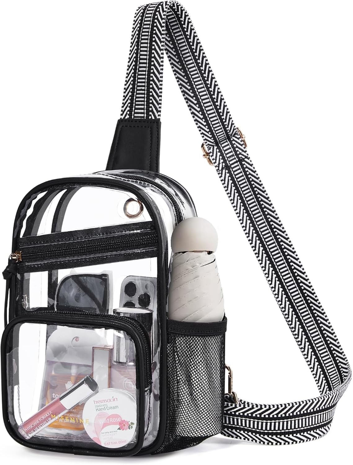 Missnine Clear Bag for Stadium Events Clear Sling Bag Fanny Pack Crossbody Purse for Sport Concert with Side Mesh Pocket