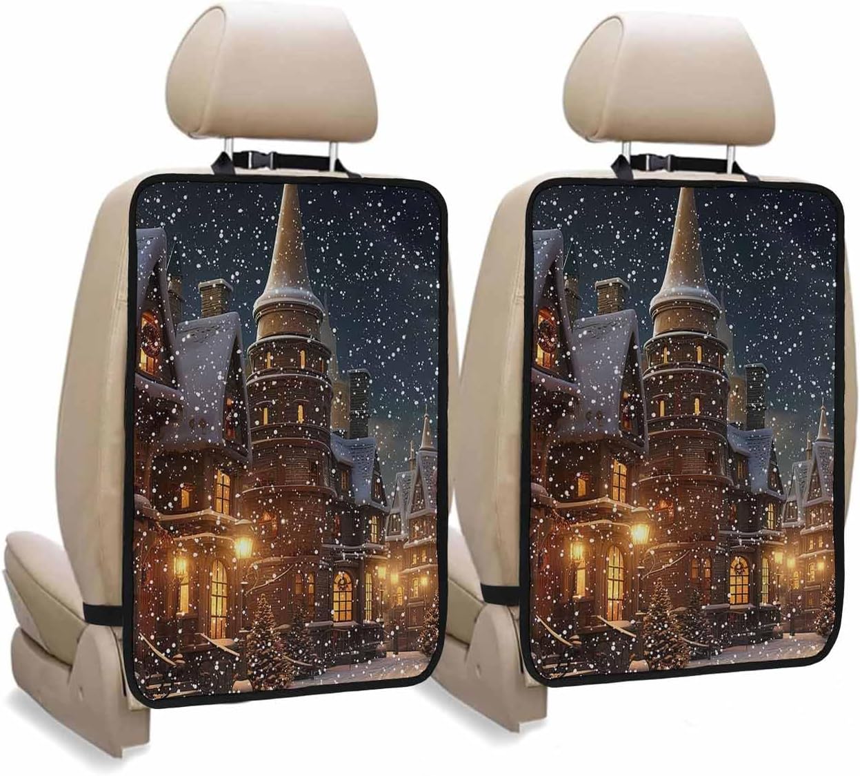 Car Seat Protector, 2 Pack Kick Mats with Organizer - 3 Pocket Storage, Christmas Winter Town Snowing Retro Street House Back Seat Cover for Kids Universal Fit Automotive Interior Protectors