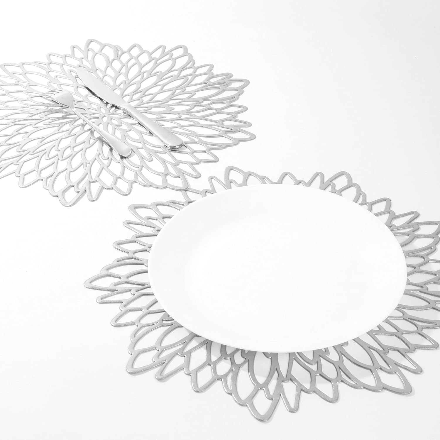 18 Pack Silver Metallic Round Placemats Laminated Vinyl Leaf Dining Table Decoration by Snowkingdom
