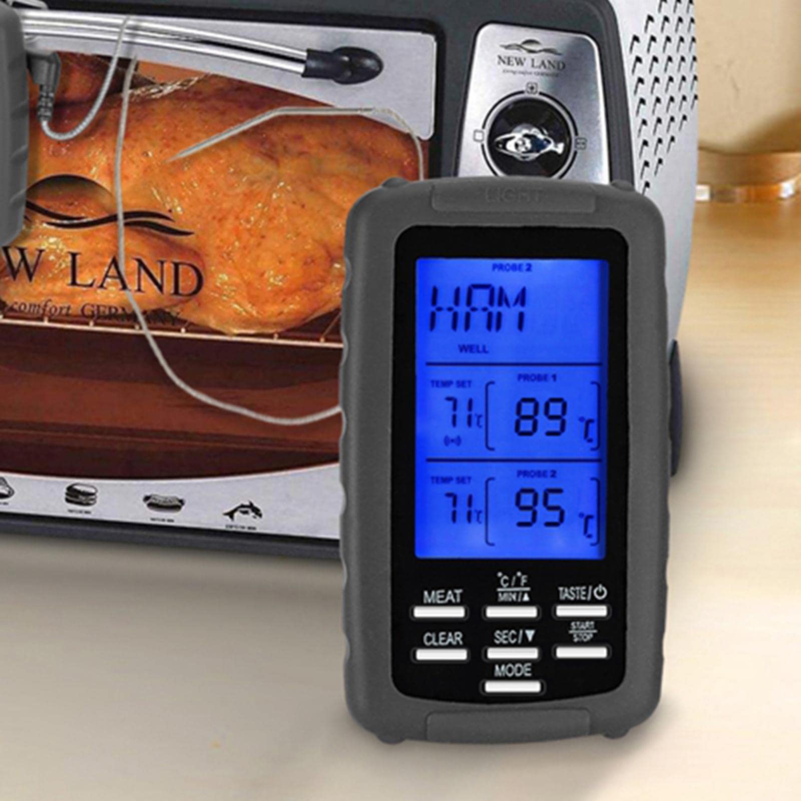 BBQ Thermometer mit Drahtloser Fernbedienung Und Edelstahl Sensoren Zur Überwachung von Grill Und Fleisch Wasserfest Alarm bei Überhitzung Fü, Grau