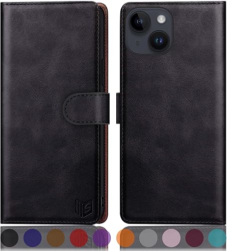 SUANPOT Funda protectora tipo cartera con función atril para iPhone 15 Plus de 6.7 pulgadas, con soporte para tarjetas de crédito RFID, funda de