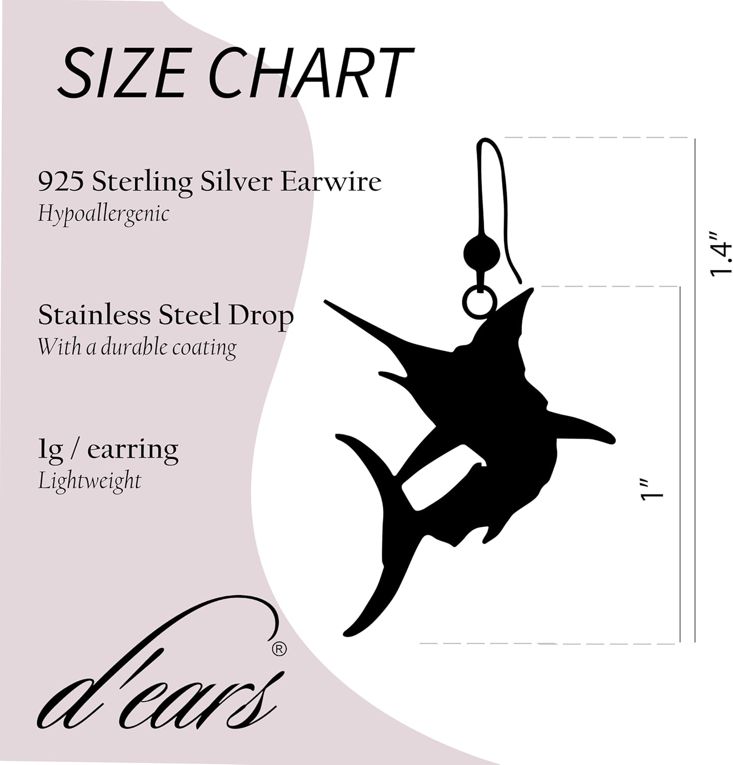 d'ears Marlin Fish Earrings Non-Tarnish Sterling Silver French Hook Ear Wire