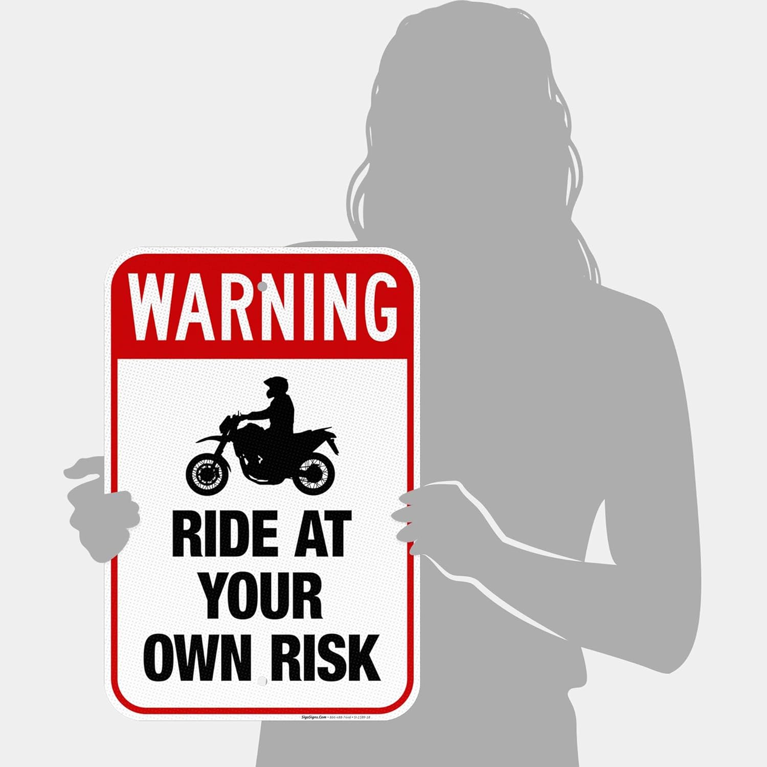 Warning Ride at Your Own Risk with Bike Graphic Sign, 12x18 Inches, 3M EGP Reflective .063 Aluminum, Fade Resistant, Made in USA