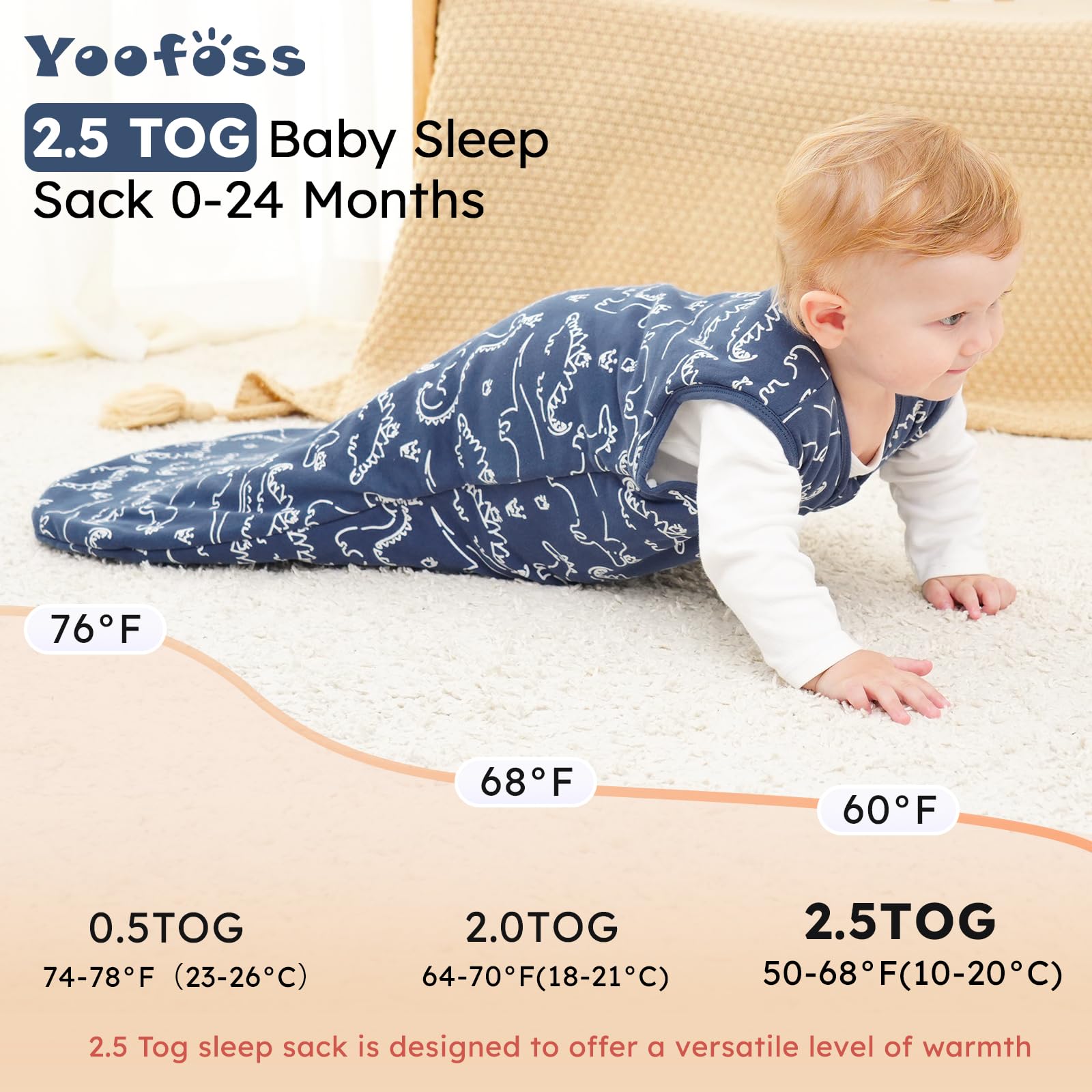 Yoofoss Baby Sleep Sack 12-18 Months, TOG 2.5 Baby Wearable Blanket with 2-Way Zipper, 100% Organic Cotton Fabric Winter Newborn Sleeping Sack, Warm Soft Comfy