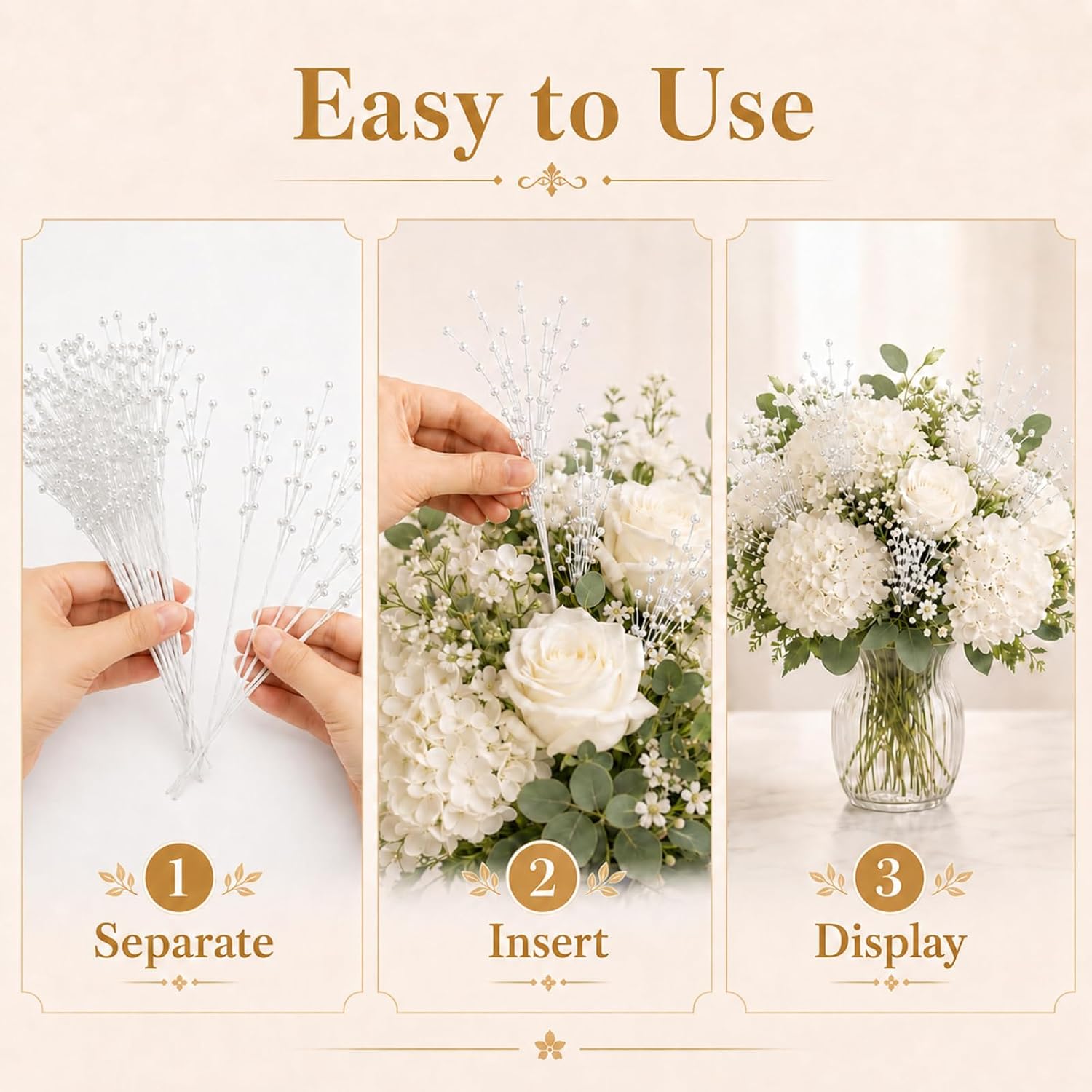 SHAOQINLIN 50pcs 4mm Pearls String Beaded Bouquet Spray Sticks for Bridal Beaded Wedding Party Table Decorations Mother's Day Decor (White)