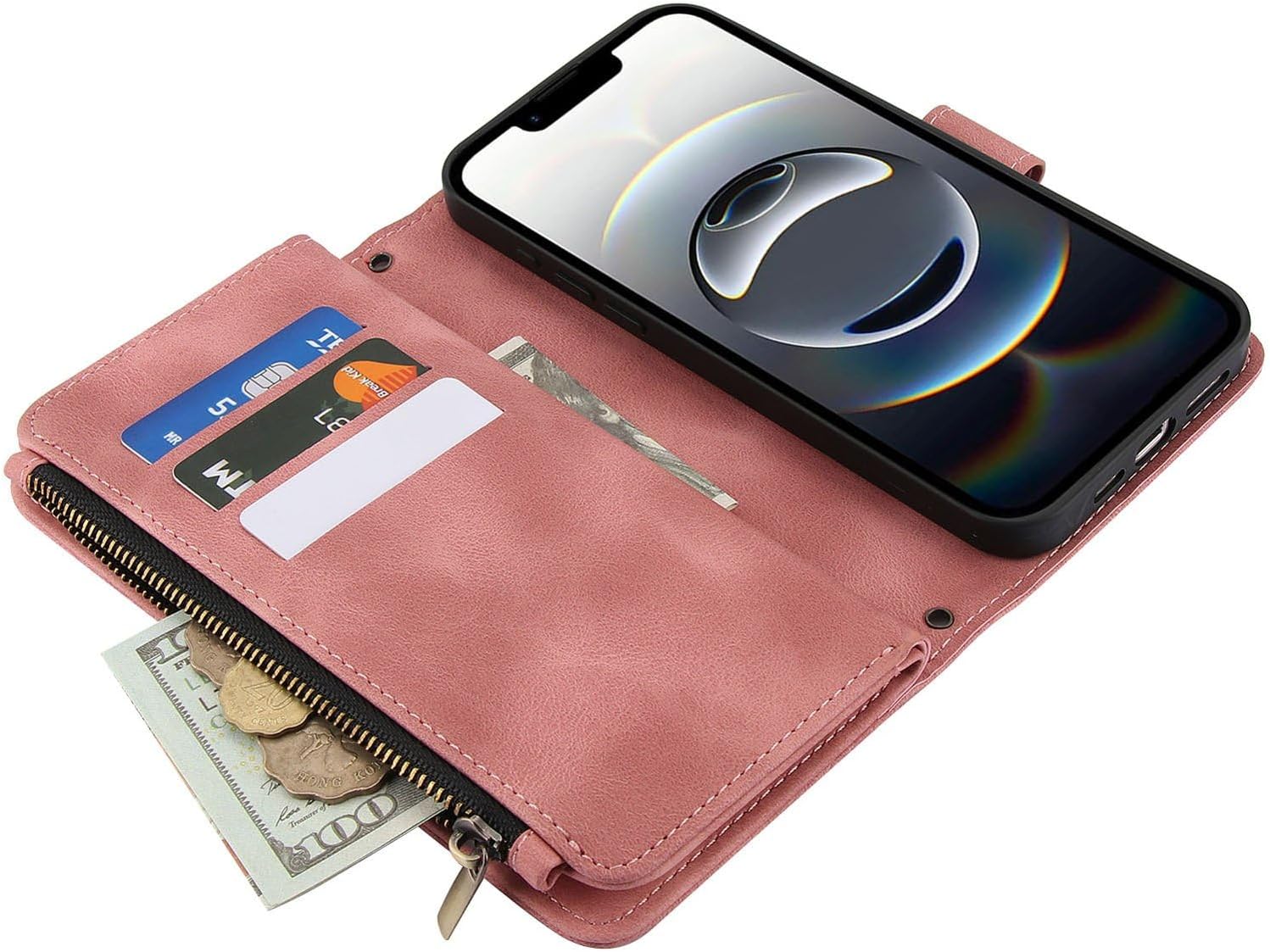for iPhone 17 Pro Crossbody Wallet Case with Card Holder, PU Leather Magnetic Strap Zipper Pocket Phone Cover - Rose Gold