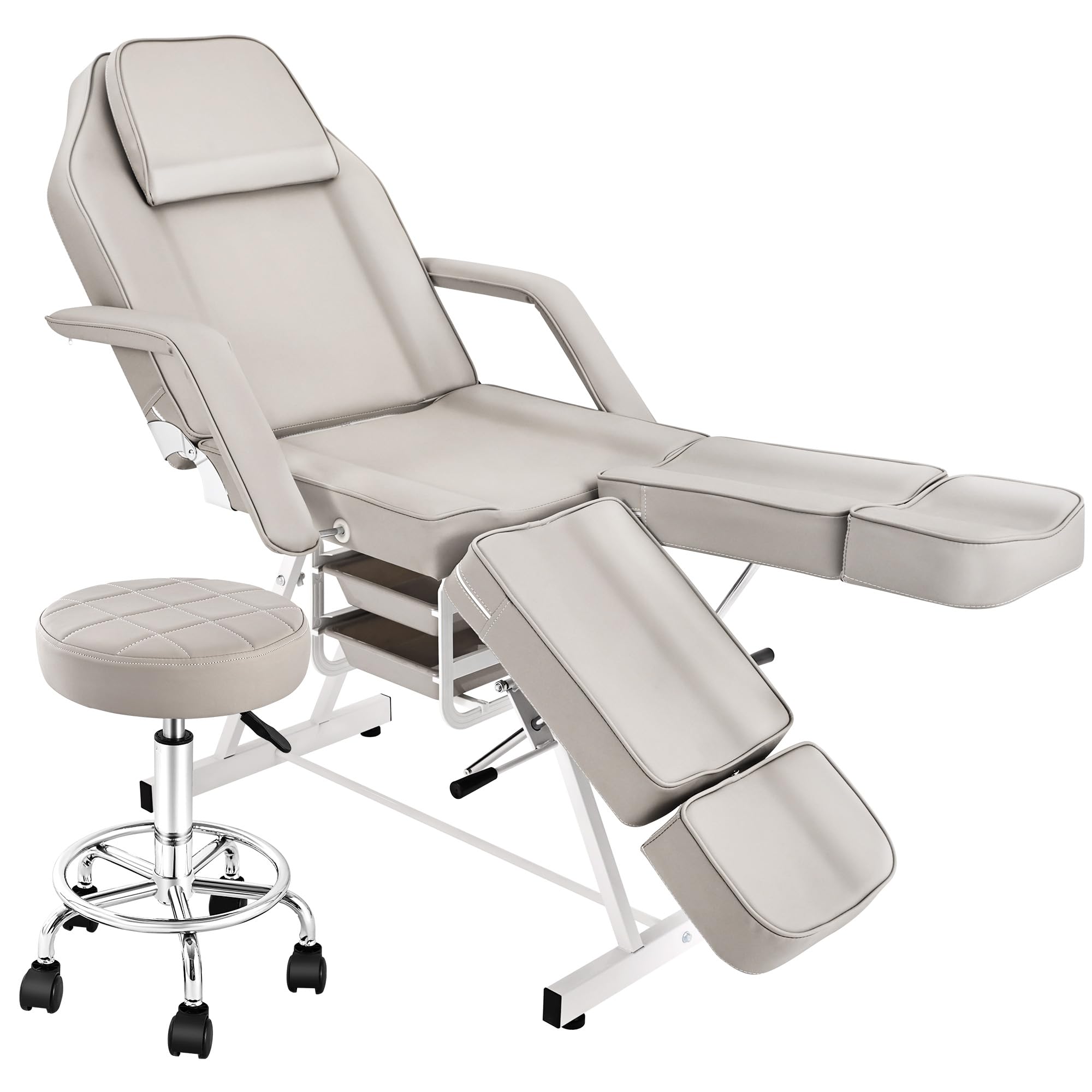 Tattoo Facial Chair with Split Legs, Artist Tattoo Bed for Client, Professional Adjustable Lash Esthetician Table Beauty Salon Spa Equipment with Breathing Hole & Hydraulic Stool, Grey