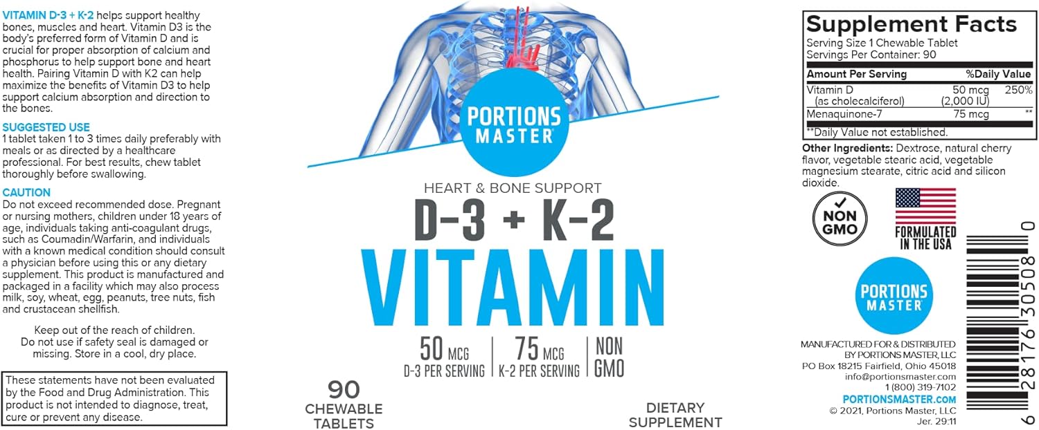 Portions Master Vitamin D3 + K2 Supplement, Bone and Heart Health Support, High Potency D3 5000 IU with Menaquinone MK-7, Non-GMO, Gluten-Free (60 Capsules) - Image 5
