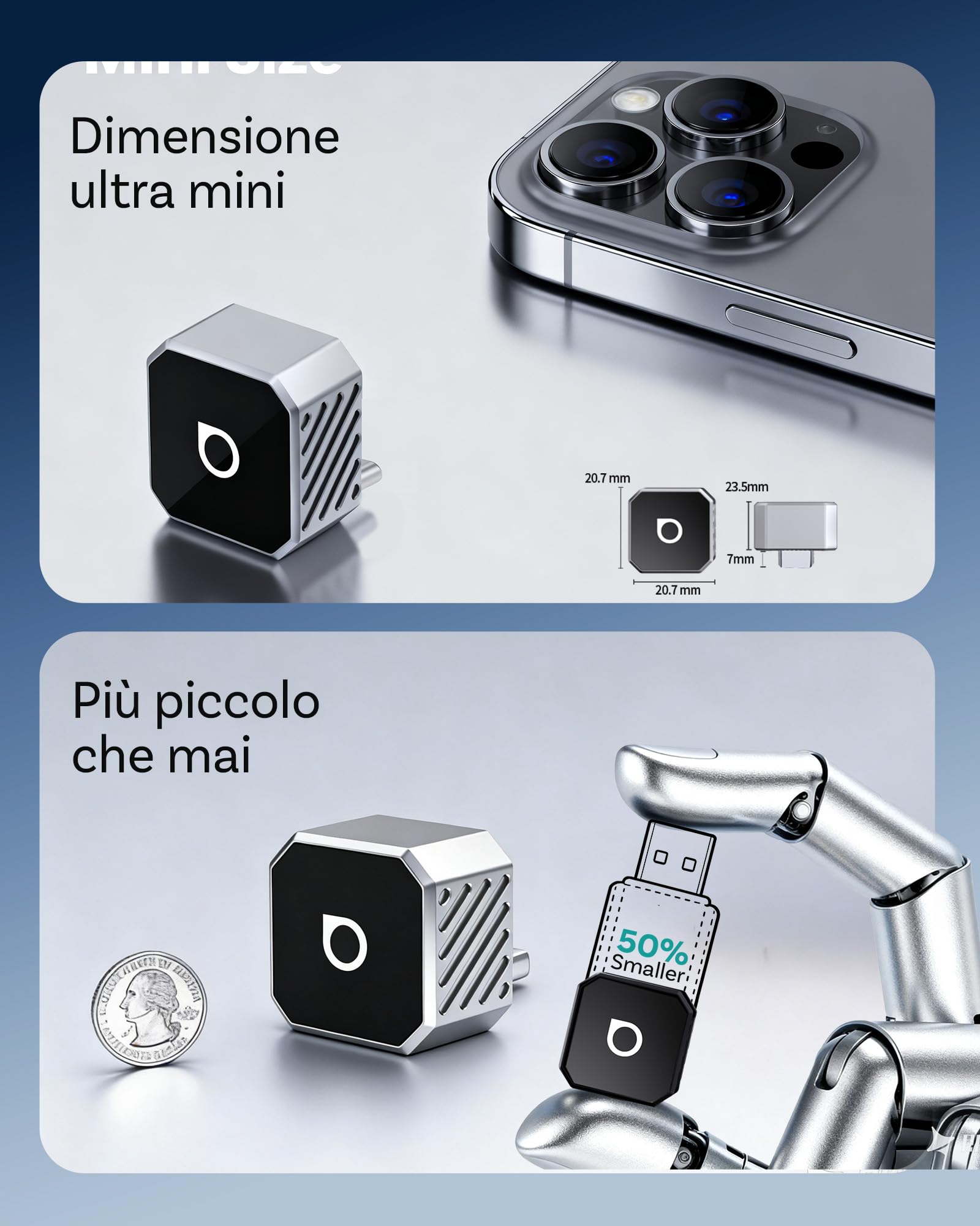 Ottocast Mini Cube 3.0 Adattatore CarPlay Wireless – Dongle USB-C Ultra Mini, Riconnessione Automatica 5–8 s, Memoria Doppio Telefono, Da CarPlay Cablato a Wireless & Android Auto, Aggiornamenti OTA