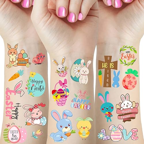 66 tatuajes de Pascua, 12 hojas coloridas de huevos de conejo, pollo, flores de primavera, calcomanías de mariposa para relleno de huevos de Pascua,