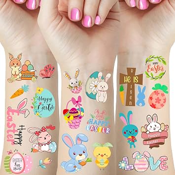 66 Pieces Easter Tattoos, 12 Sheets Colorful Bunny Egg Chicken Spring Flowers Butterfly Stickers for Easter Egg Filler, Easter Basket Stuffers, Goodie Bag Fillers, Classroom Rewards