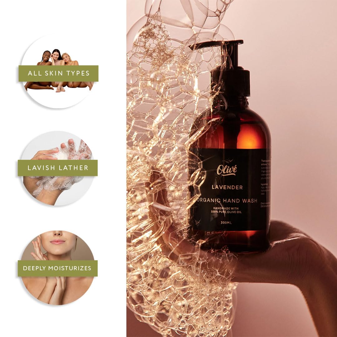 Natural Olive Oil Gift Box Five Piece Lavender Scent Body Wash 500ml Hand Wash 500ml Two 125g Bar Soaps With Exfoliating Loofah Moisturizing Gentle Cleanse Set for Face Body and Sensitive Skin