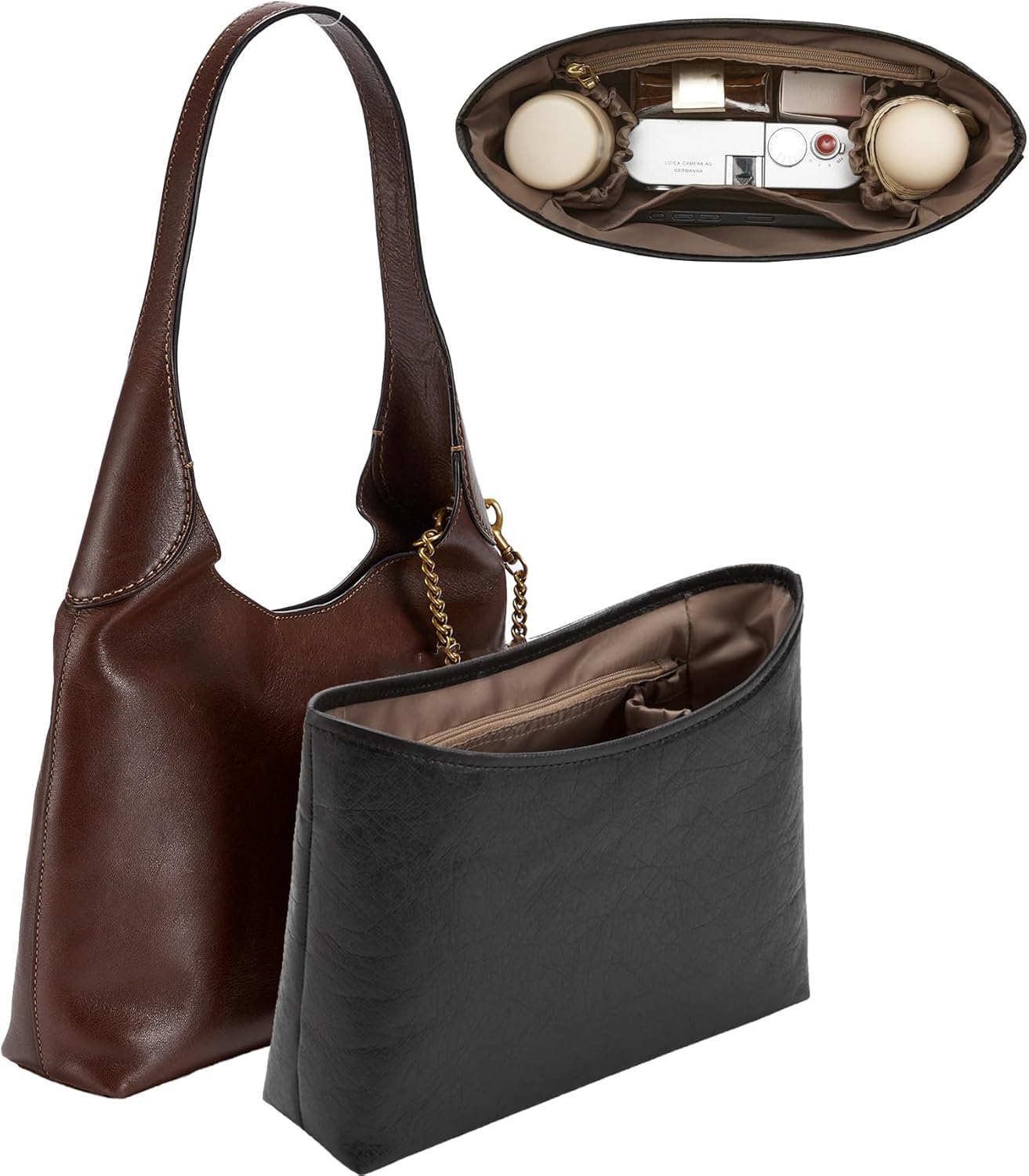 Dupont Paper Brooklyn 28 Bag Insert, Lightweight Purse Organizer for Coach Brooklyn 28 Shoulder Bags, Handbag Inner Divider Shaper with Elastic Cup Holder Smooth Zipper, Black&Maple