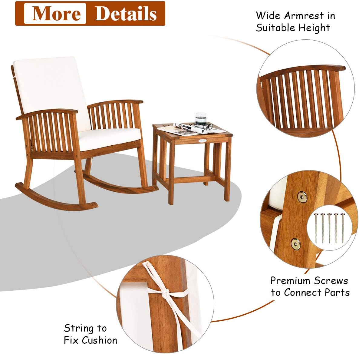 Tangkula 3 Pieces Acacia Wood Rocking Bistro Set, Outdoor Furniture Front Porch Rocker Chairs Conversation Set with Coffee Table and Cushions for Lawn, Balcony, Backyard