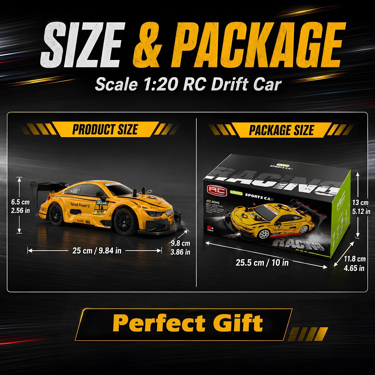 HTURCCOP 1:20 RC Drift Car 2.4GHz 4WD High Speed Drift Remote Control Cars Vehicle with LED Lights and Drifting Tires Batteries x2 Racing Sport Toy Cars for Adults Boys Girls Kids (Yellow)
