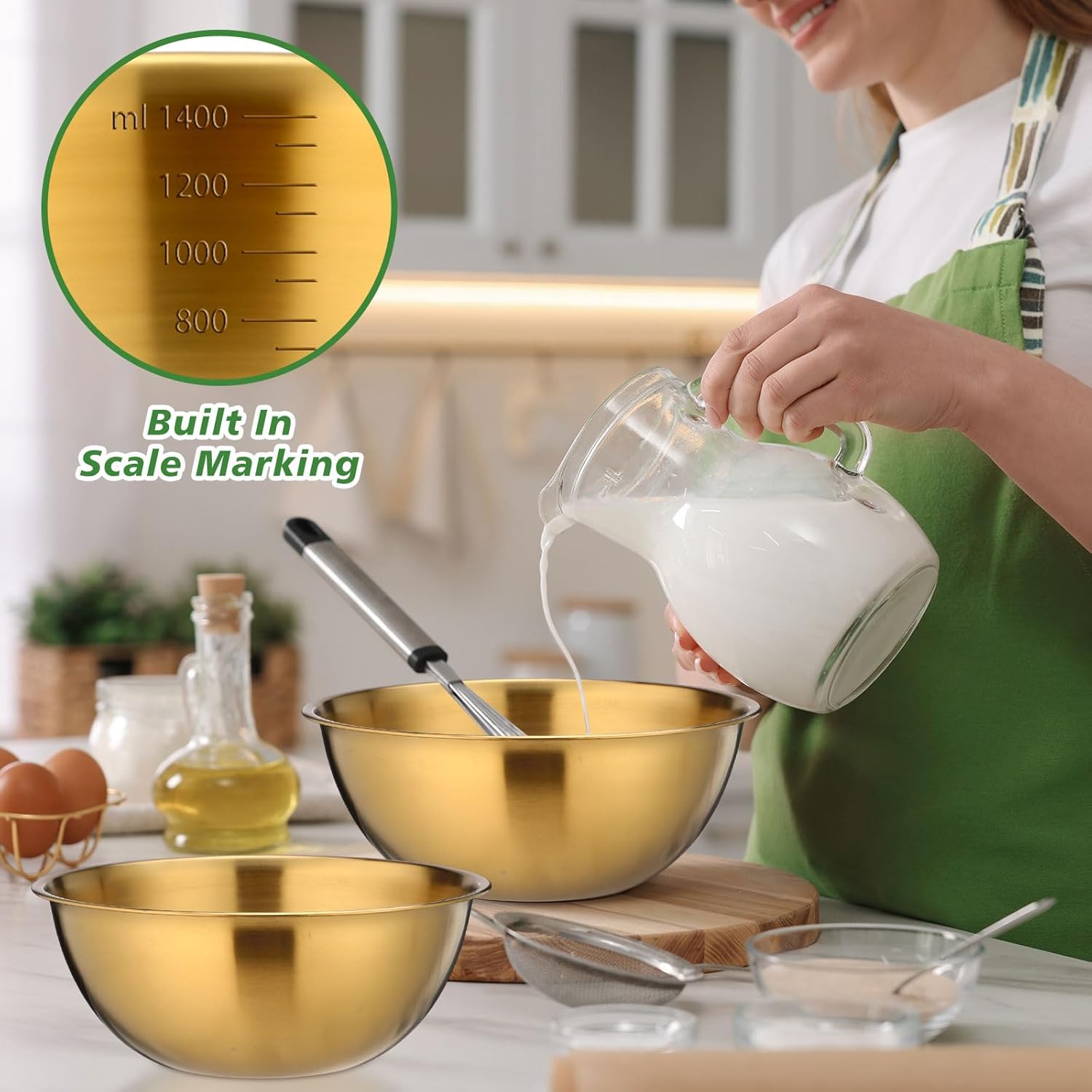 12 Pcs 7.5 Inch Gold Mixing Bowls with Graduations Bulk 47oz Stainless Steel Salad Bowls Mixing Serving Container Nesting Metal Baking Food Storage Container for Cooking, Making Salads, Soup