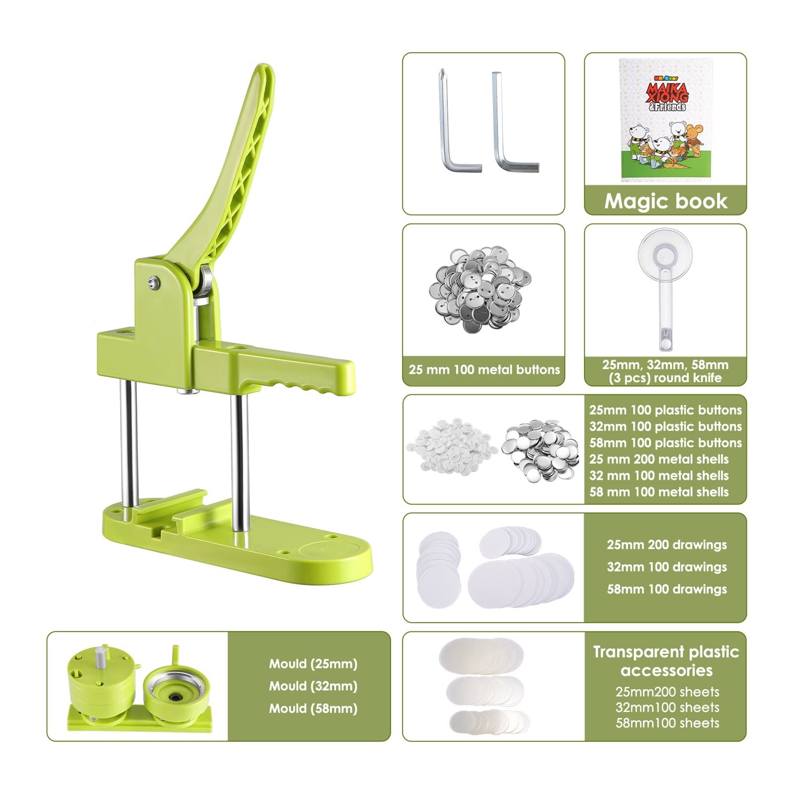 Button Badge Maker Machine 25,32,58mm DIY Pin Making Set Mold Odznaka Wykrawarka Z Wykrawaczem Kół 400 Sztuk Części Odznaki,Wielofunkcyjny
