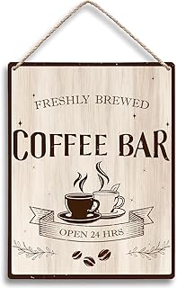 Freshly Brewed Coffee Bar Open 24 Hours Wooden Signs, Coffee Bar Sign, Coffee Signs for Coffee Bar, Coffee Shop Decor, Coffee Bar Hanging Wood Plaque for Wall Decor 8x12 inch