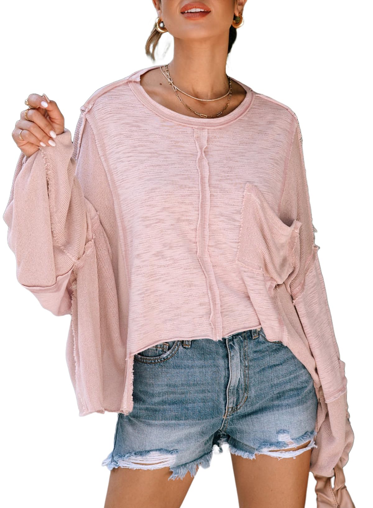 Women's Exposed Seam Chest Pocket Loose Sleeve Oversized Tunic Top Casual Solid Patchwork Long Sleeve Blouse Medium Pink