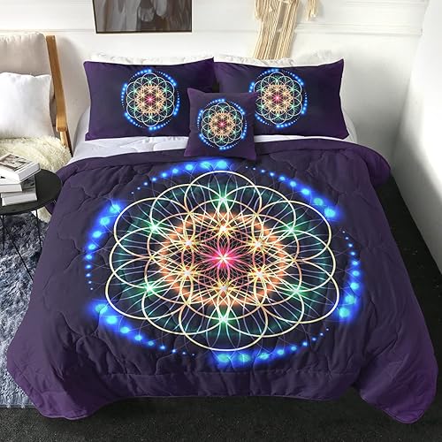 Sleepwish Juego de edredón de flores de la vida, tamaño matrimonial, edredón alternativo reversible de plumón alternativo de 4 piezas de geometría