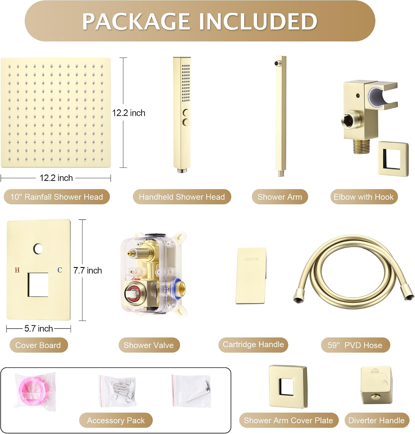 Rainfall Shower System Set, 12'' Brushed Gold Wall Mounted Square Shower Head with 2-Spray Handheld Sprayer, Anti-Chip Brass & 304 Stainless Steel Faucet Trim Kit (With Integrated Mixer Valve)