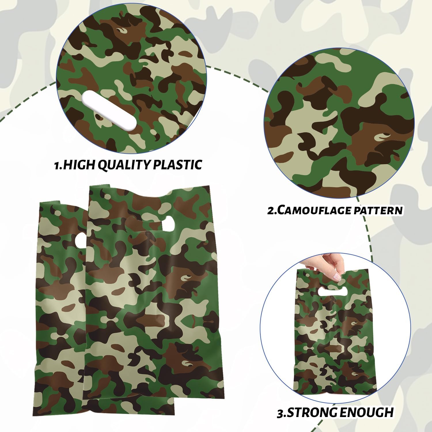 YYMYMGJ 50 PCS Camo Party Gift Bags, Camouflage Military Party Favors Bags Waterproof Plastic Goodie Bags for Army Birthday Decorations Supplies Gifts for Kids Boy Girl Baby Shower - Image 4