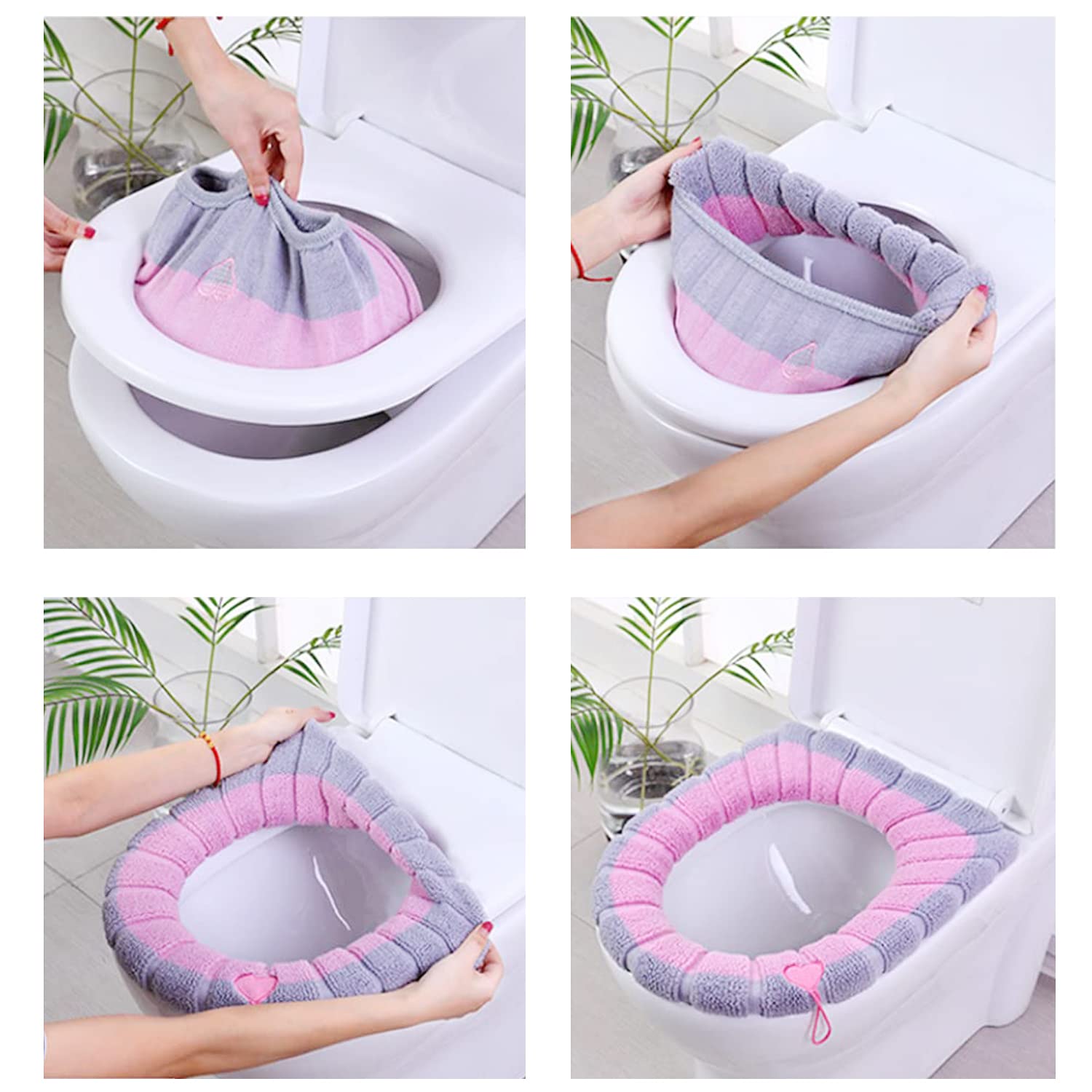 Almohadilla para Asiento de Inodoro Fundas para Asiento de Inodoro con Asa Funda Suave para Tapa de Inodoro del Baño Cojín Más Grueso Elástico Lavable Tamaño Universal (Dos Tonos)