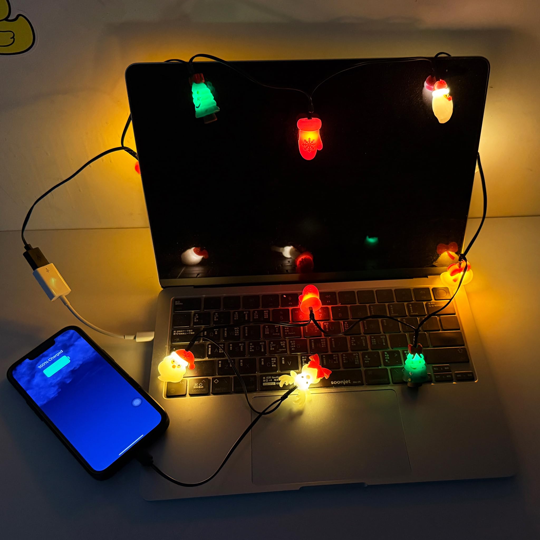 2 x kabel do ładowania lampek bożonarodzeniowych, 139,7 cm USB-A do typu C, z 10 żarówkami LED, świąteczne kable do ładowania kompatybilne z telefonem/i 17/16/15 i iPad/i Android, Samsung, dekoracja