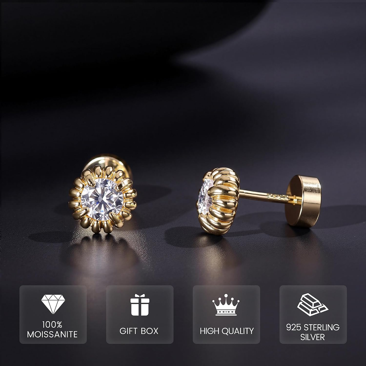 GEMQUEEN Moissanite Earrings Studs Flat Back Earrings Hypoallergenic - 14K Gold Plated Sterling Silver Earring for Women Men Small Dainty Cartilage Helix Piercing Jewelry D Color VVS1