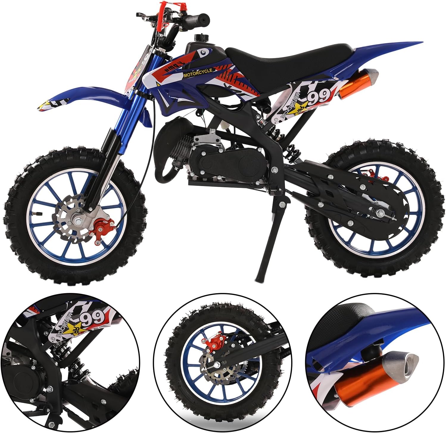 50cc 2-Stroke Kids Dirt Bike, Pocket Gas Motorbike, Off Road Gas Power Mini Pocket Motorcycle with Front Rear Disc Brakes, Mini Dirt Scooter Bike Pocket, Racing Max Speed 40km/H (Blue1)