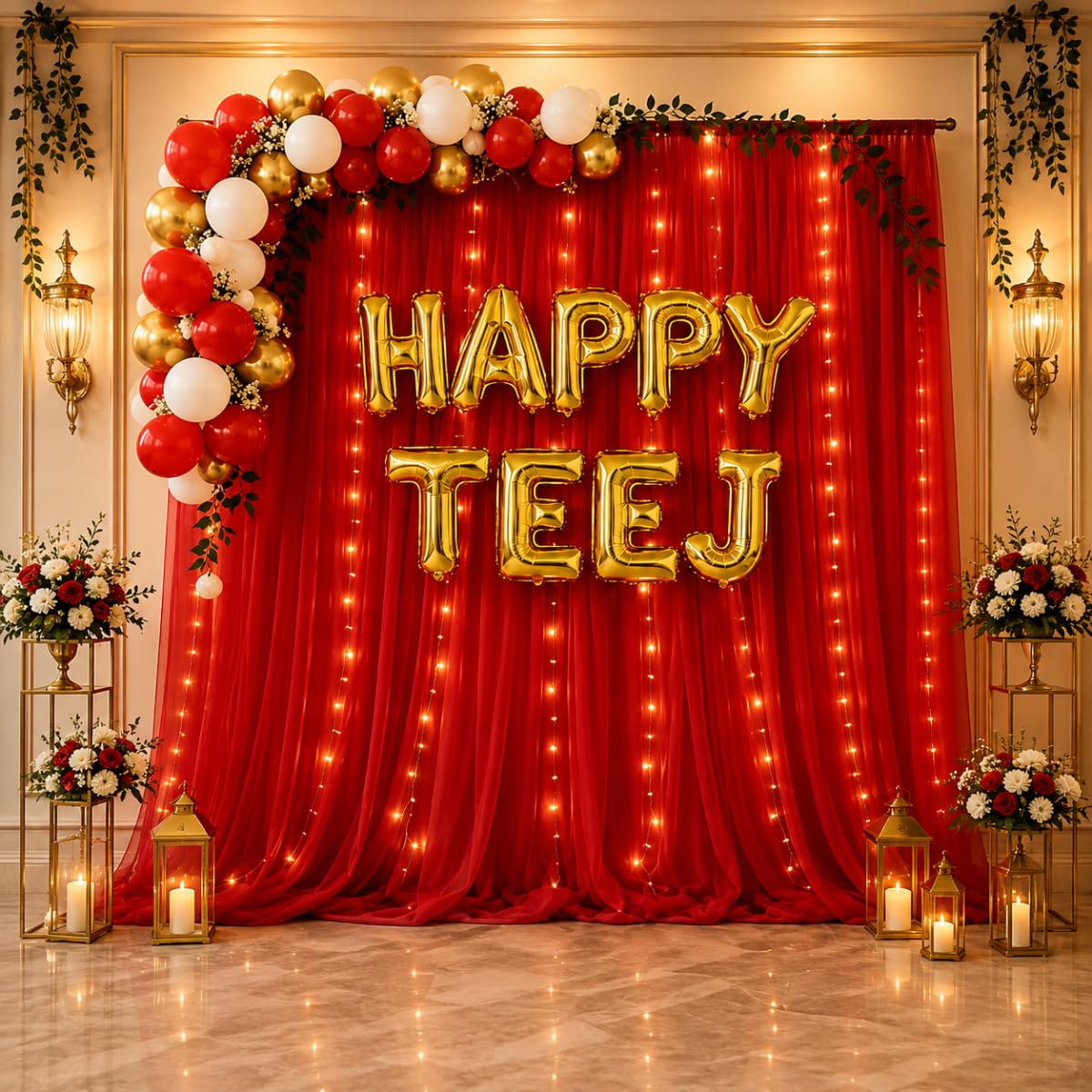 41 Pcs Happy Teej Decoration Kit with Gold Letter Foil, Red, golden & White Balloons and backdrop (Red)-image-2