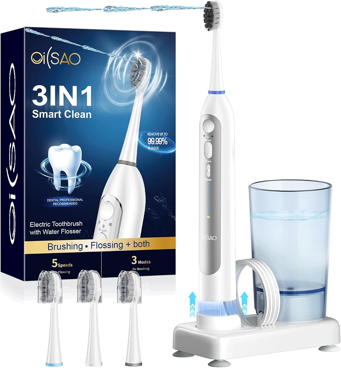 3-in-1 Electric Toothbrush with Water Flosser, 330ML Cup | Features 5 Water Pressures and 3 Brushing Modes. IPX7 Waterproof and Rechargeable Design for Daily Home and Travel Use