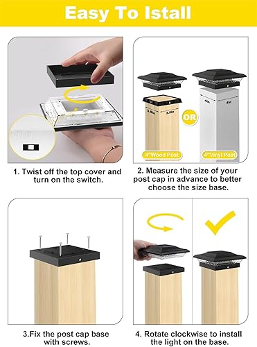 Miniatura 9 de T-SUN Luces Solares para Tapas de Postes Paquete de 6 para Postes de ViniloMadera de 4x4, Impermeables para Exteriores Blanco Cálido y Frío