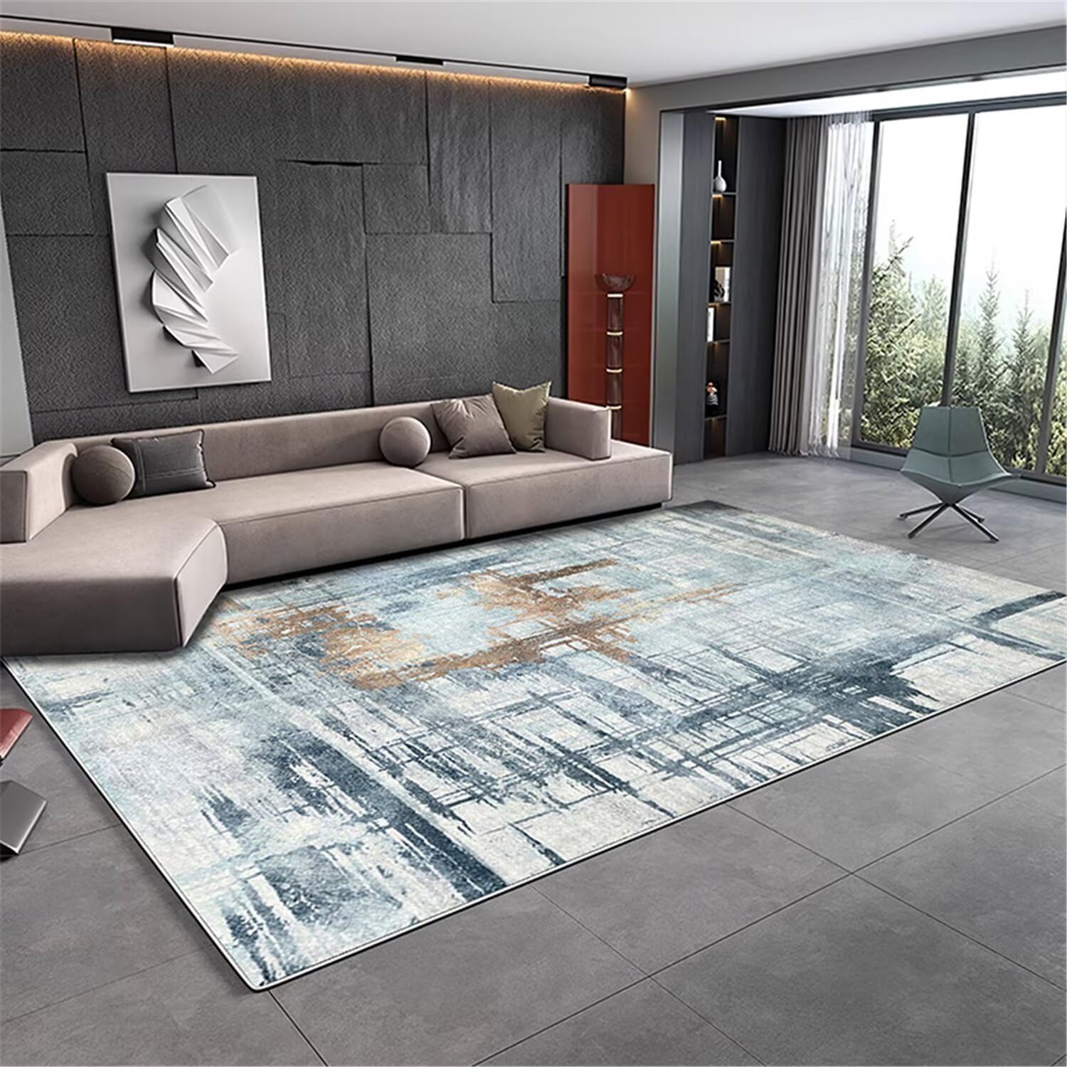 Déco salon moderne avec le grand tapis bleu clair 200x300 résistant