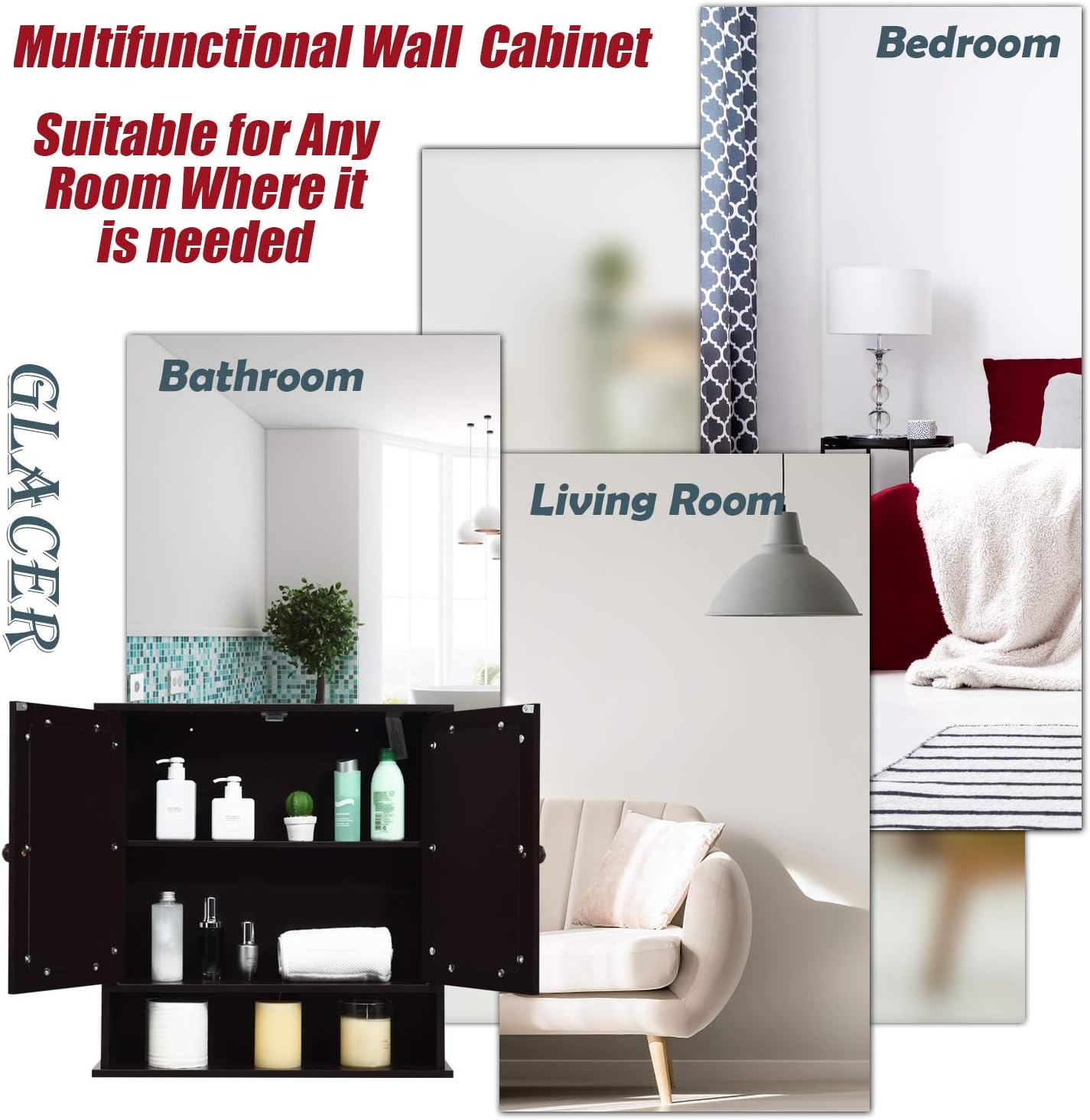 GLACER Bathroom Medicine Cabinet, Hanging Storage Cabinet with Double Mirror Doors, Perfect for Bathroom, Living Room, Corridor, Cloakroom, 22 x 5 x 23 inches (Brown)