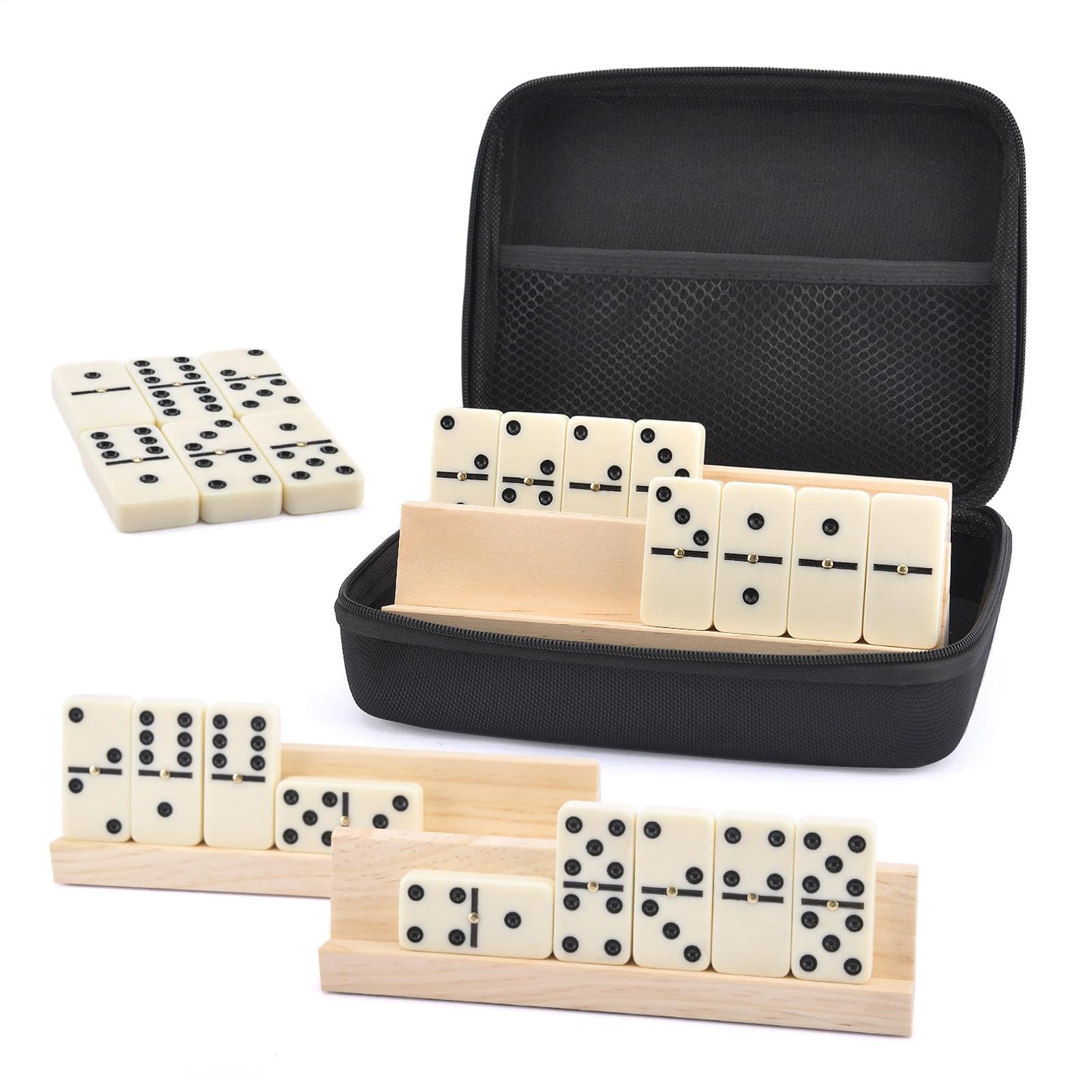 Générique Dominoes z etui, klasyczne domino, drewniany stojak kompaktowy łatwy do przechowywania Sturdy przenośna konstrukcja rozmiar antypoślizgowa podstawa łatwy dostęp , gra rodzinna na