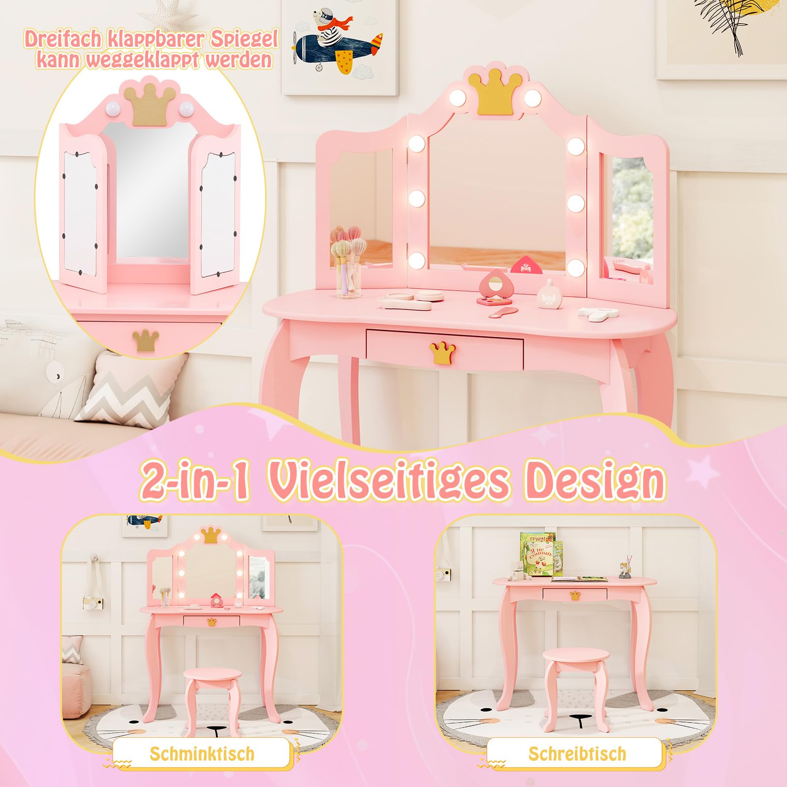 Zaza Home Kinderkaptafel Met Spiegelkruk Kaptafel Met Uitgebreide Accessoires 5 Muzieklampjes Voor Meisjes Vanaf 3 Jaar Antislip Ruimtebesparend Kunststof Wijnrood Roze 57 X 29 Cm X 705 Cm