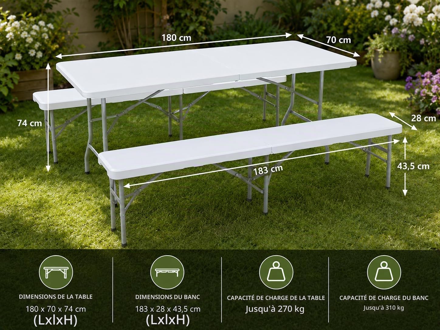 Ensemble Table 2X Banc de Jardin en Plastique Traiteur Pliante Table Buffet Picnic Plateau Camping Pliable avec Poignée en Blanc
