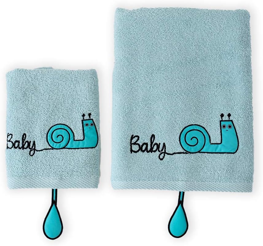 Milk&Moo Kids Washcloths for Bath, Blue Sangaloz Snail Baby Kids Bath Towel, Wash Cloths for Kids. 2 Pieces Includes 20x31 Inch Washcloth and 12x20 Inch Hand Towel. 100% Turkish Cotton, Blue