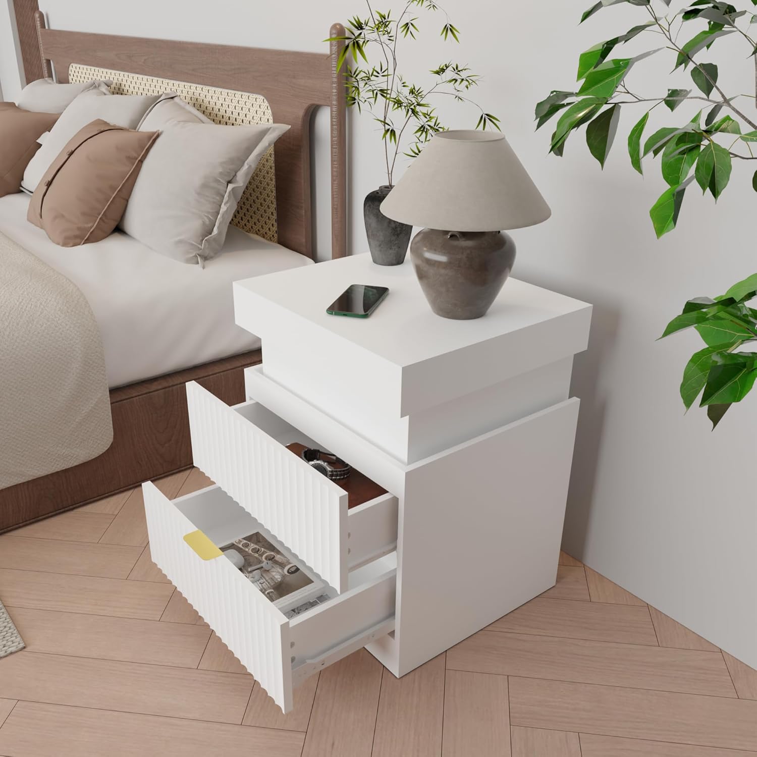 Wooden Nightstand with Charging Station & LED Lights, Modern Fluted Bedside Table with Sliding Top & Drawers for Bedroom & Living Room, White