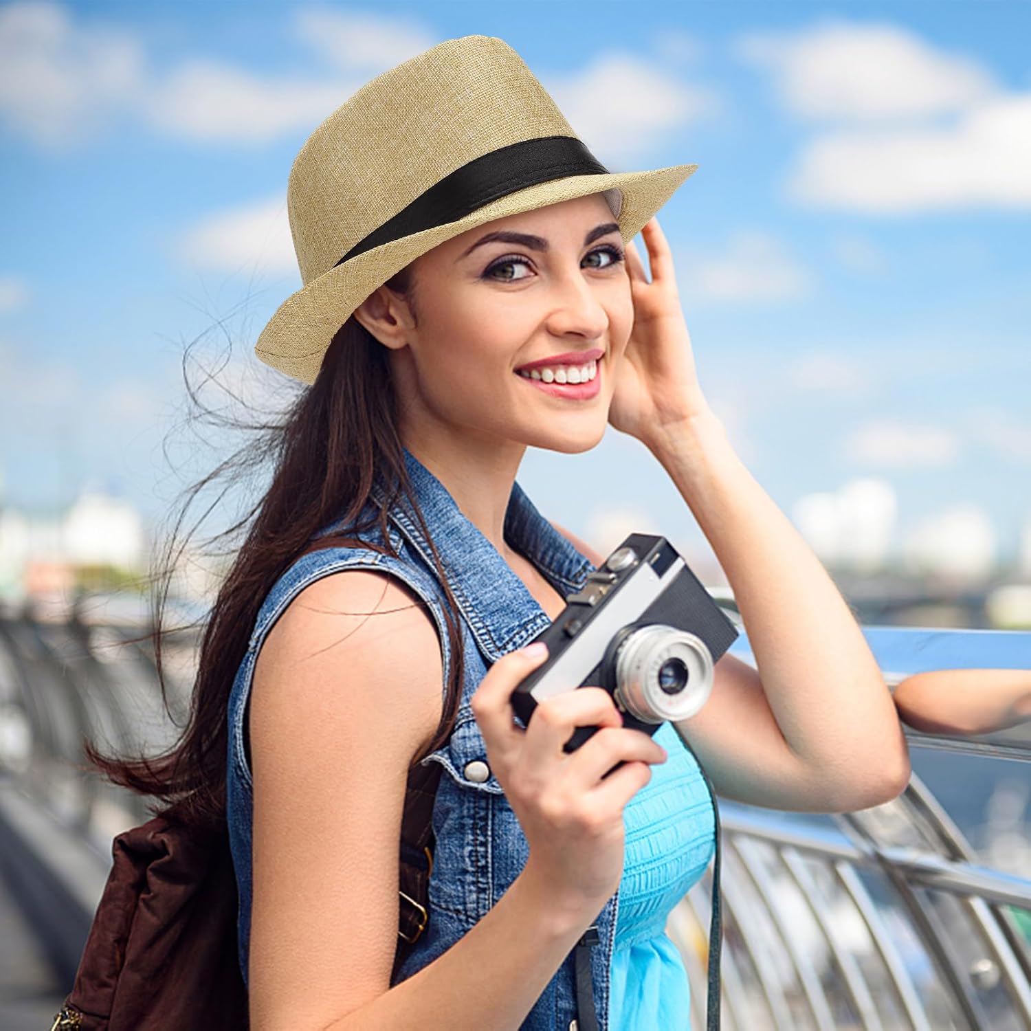 Ultrafun 5 Pack Short Brim Fedora Classic Summer Beach Sun Hat Panama Cap for Men Women