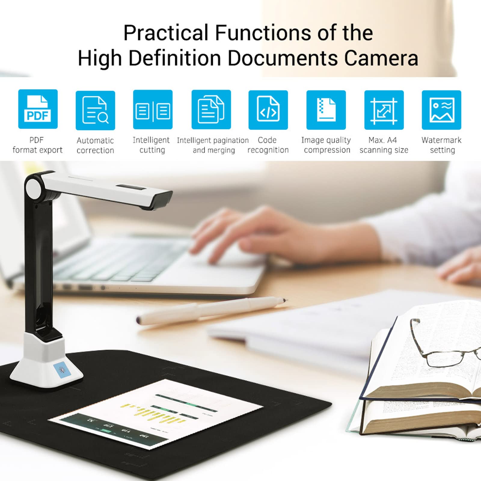 Escáner de cámara de documentos para profesores, escáner de libros A4 de 8 MP con corte inteligente de aplanamiento automático, captura portátil para uso en aula y oficina