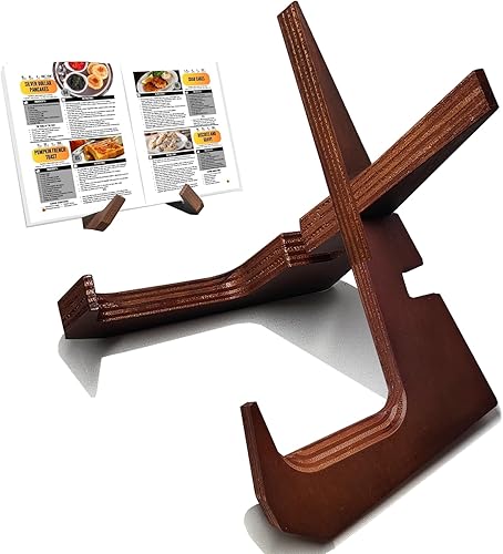Soporte para libros de cocina para encimera de cocina con capacidad para libros de 600 páginas, elegante soporte rústico de madera para exhibir