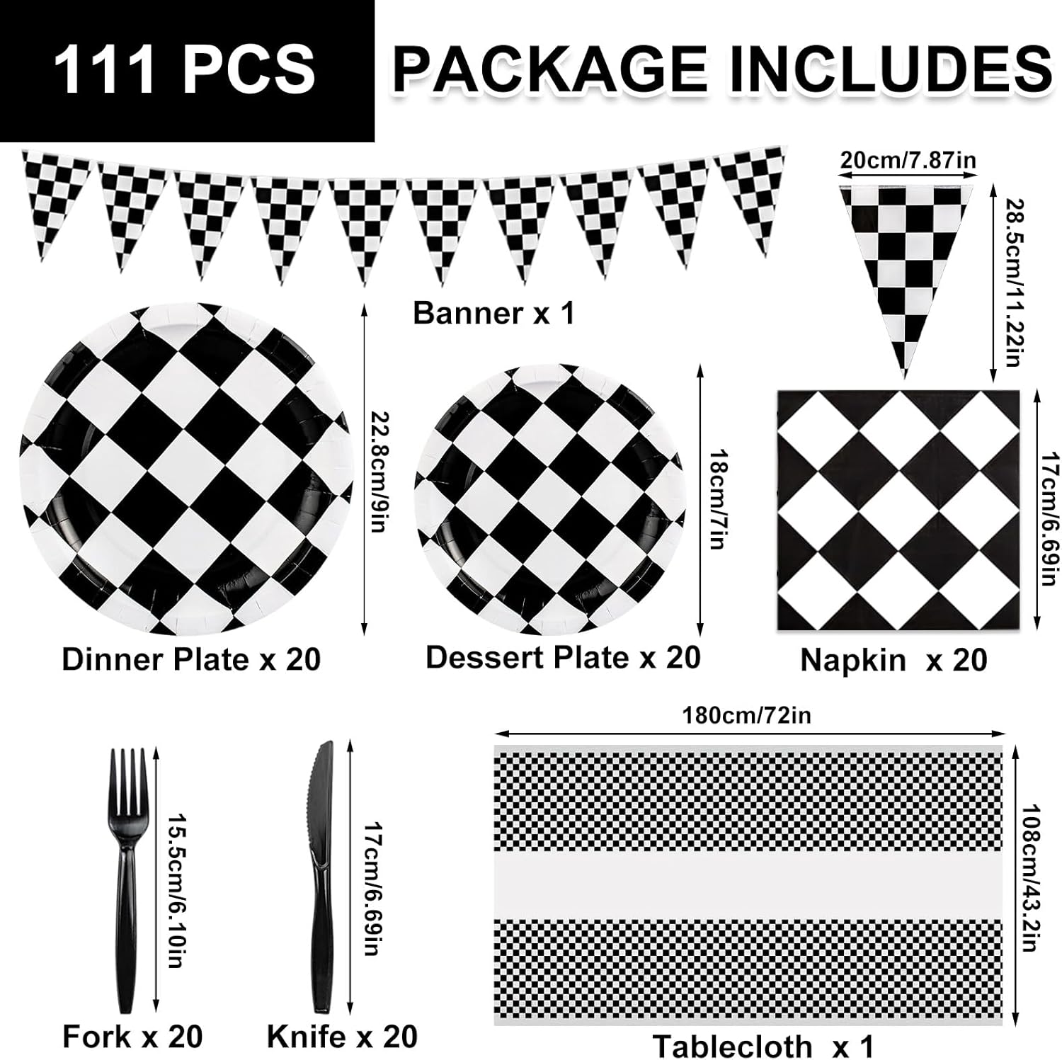 111Pcs Race Car Birthday Party Decorations,Black and White Checkered Paper Plates and Napkins Tablecloth Banner,Racing Sports Themed Tableware Set Supplies Serves 20 Guests - Image 2