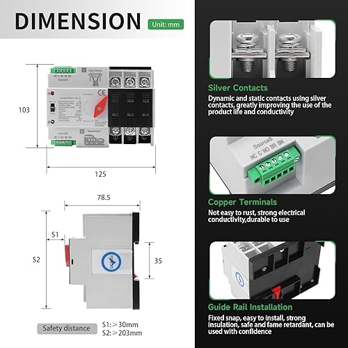 Miniatura 28 de 100Amp AC110V Interruptor de transferencia automática/manual 2P 50/60Hz, 2POLE 100A Mini ATS Solar Auto Dual Power Switch para generador doméstico